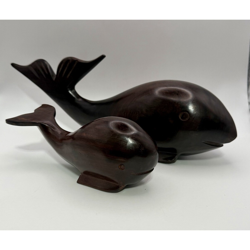 Vintage Ironwood Whale & Baby Calf Statue Hand Carved Figurine 13" & 7" Long